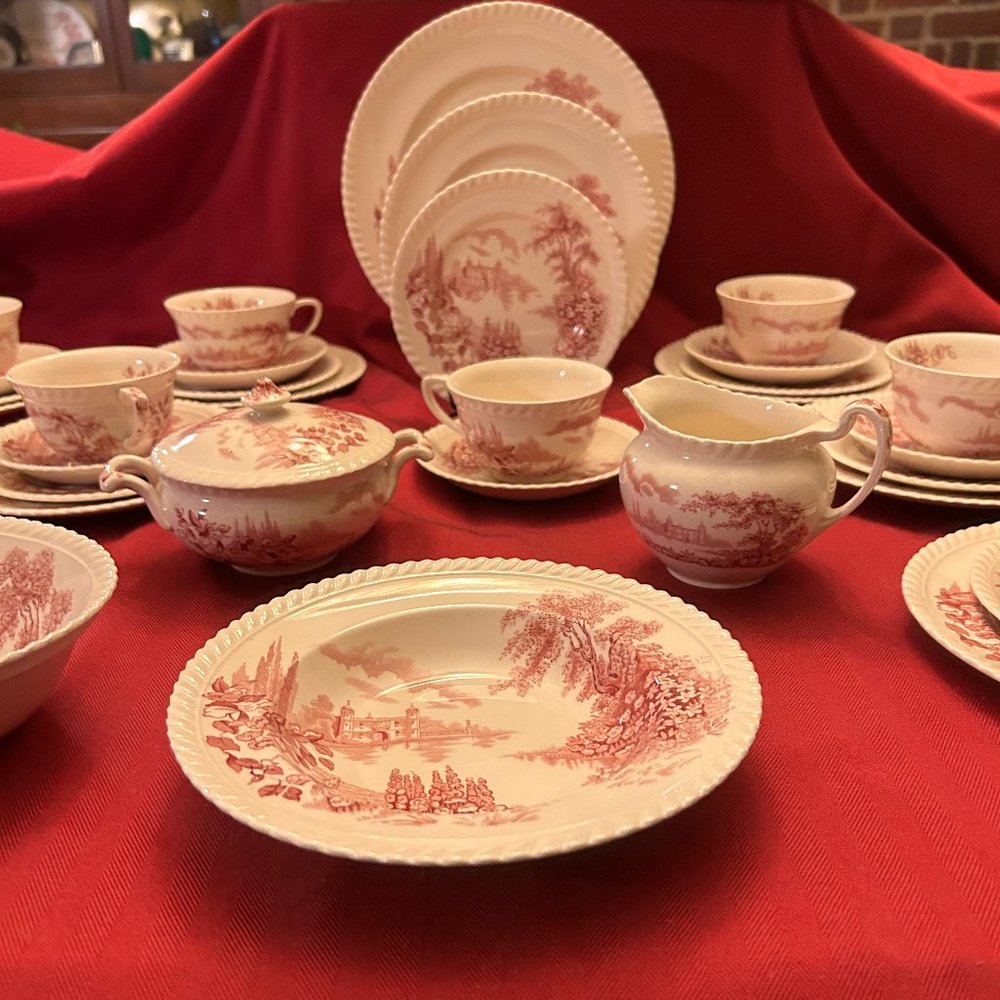 Johnson Bros. English "Castle on the Lake"Porcelain Dinnerware Service for Eight